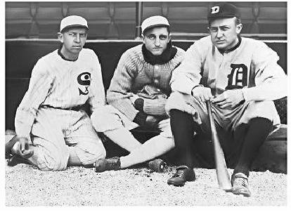 Photo of Lena Blackburne (center) with Eddie Collins (left) and Ty Cobb (right)